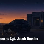 Fostoria News Memorial scene with police vehicle and flowers at dusk for Sgt. Jacob Roesler.